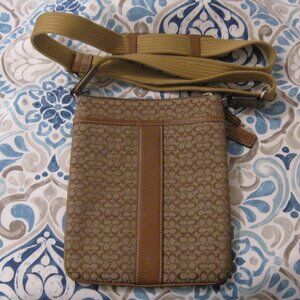 Coach Signature Canvas Leather Small Crossbody Bag Tan